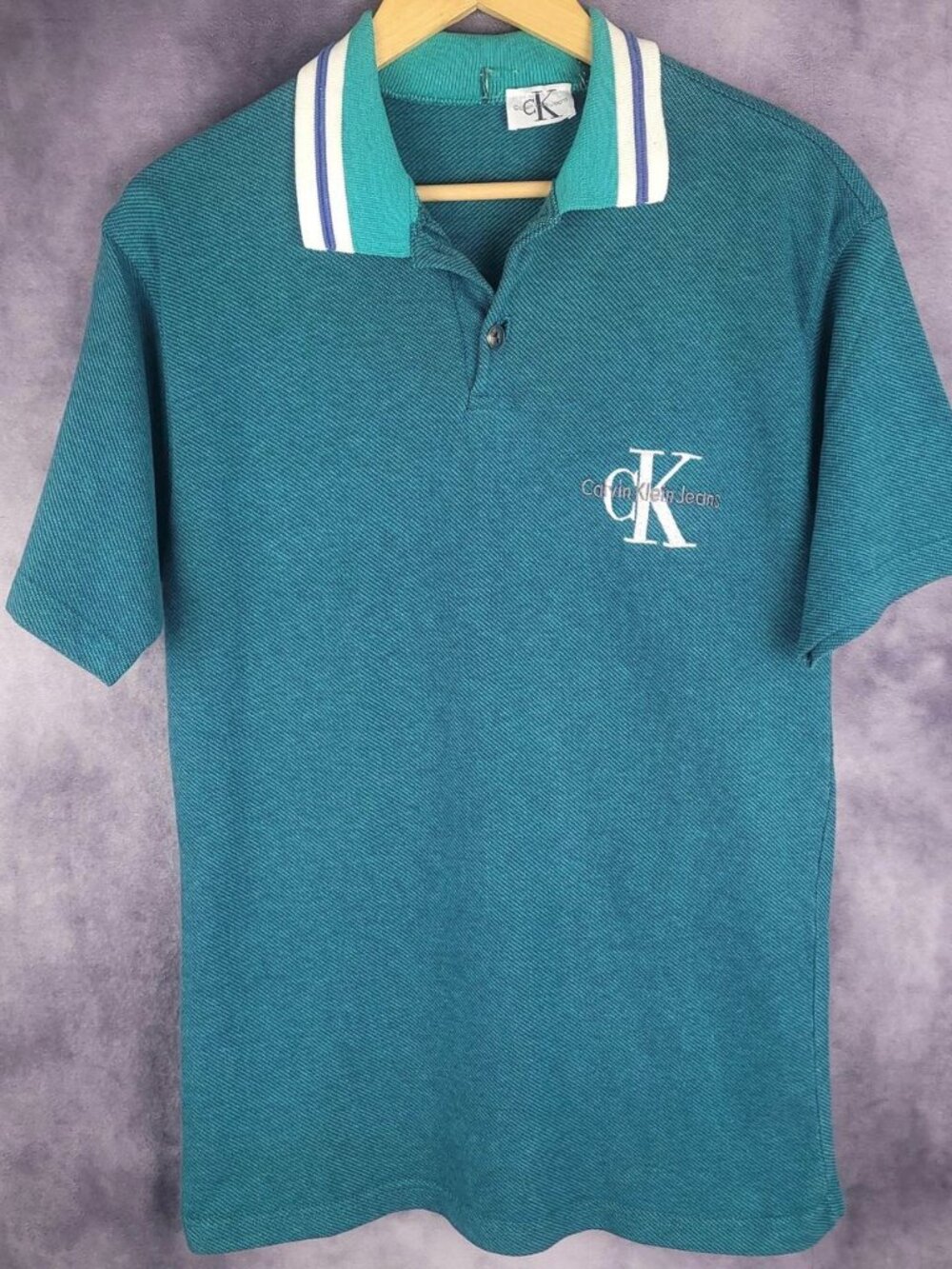 Vintage 90s Calvin Klein Jeans blue green teal polo shirt